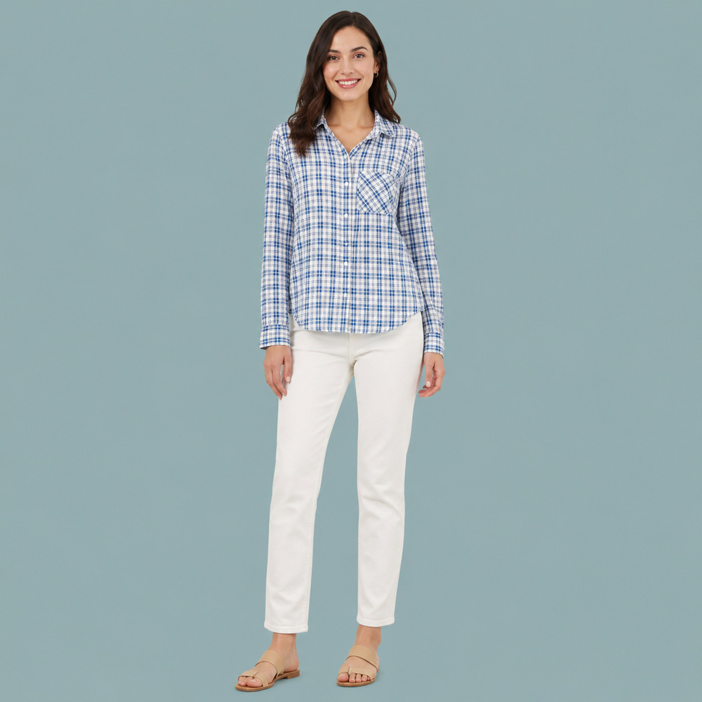 UNTUCKit Size 4 Blue White Plaid Print 100% Linen Button Down Shirt Top Blouse